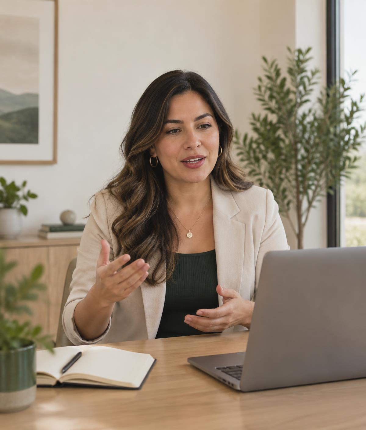 Vendedora practicando una presentación comercial frente a su computadora