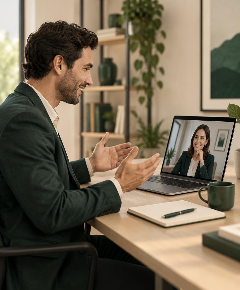 Vendedor conversando con una compradora mediante videollamada